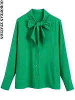 pailete women 2022 fashion with tied bow green blouses vintage long sleeve front golden button female shirts blusas chic tops