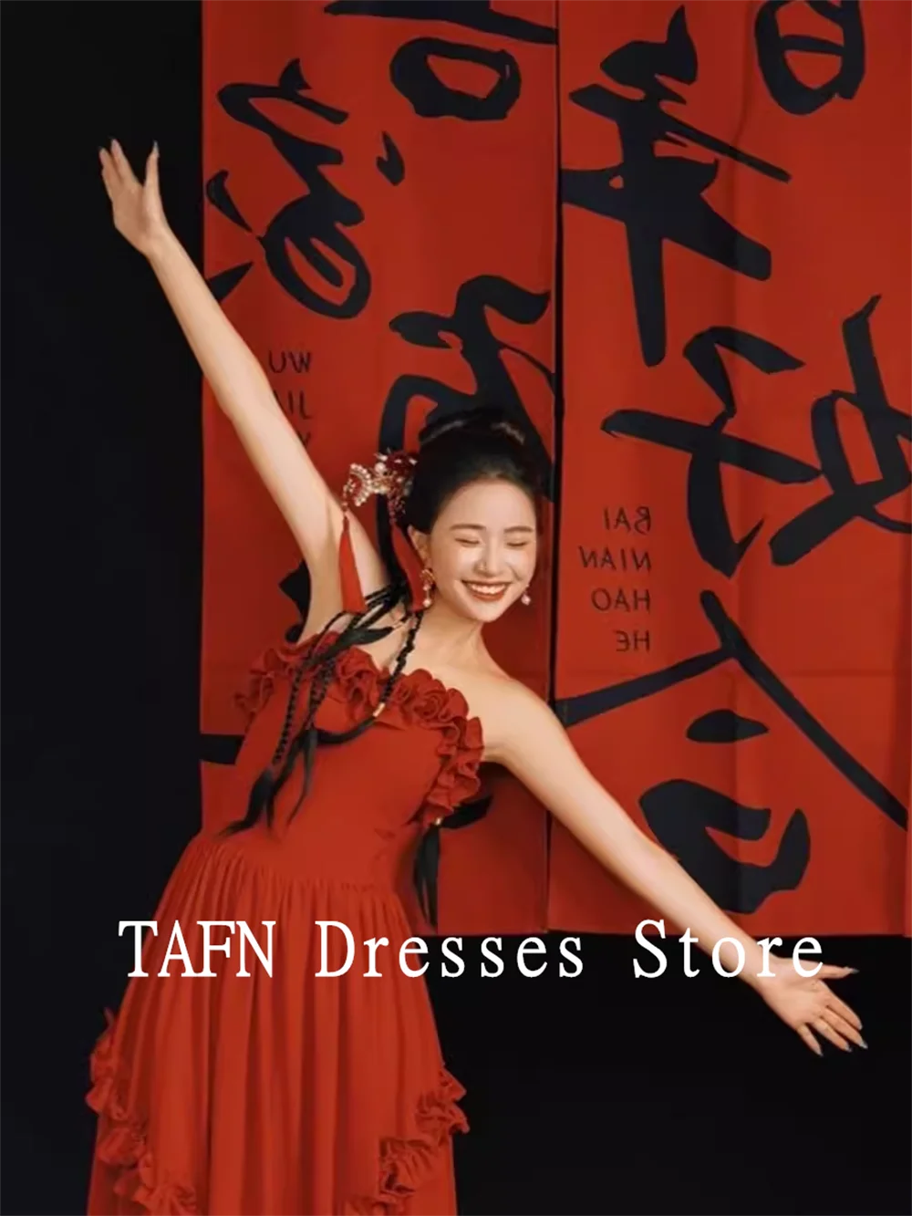 TAFN Новый китайский стиль ретро нишевое простое свадебное платье красное без