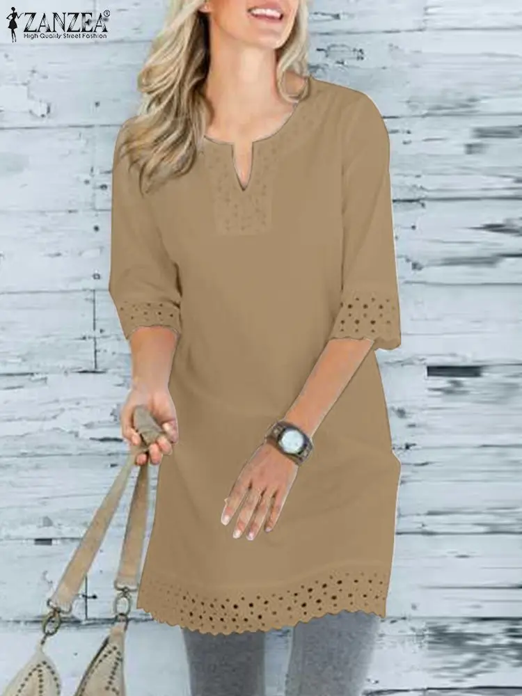 

ZANZEA Lace Trim Casual Smock Tops Half Sleeve Oversize Blouses Holiday Loose Long Tunic Women Summer Solid Color Vintage Shirts
