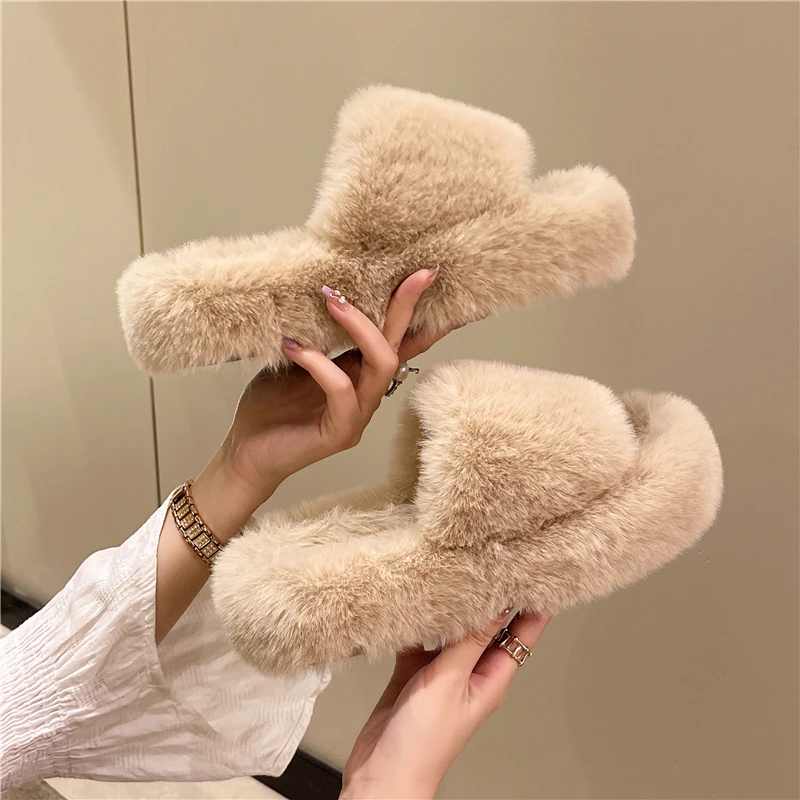 

Slippers Casual Low Fur Shoes Slides Flock Slipers Women Platform Winter Footwear Luxury Plush 2022 Soft Flat Fashion Fabric PU