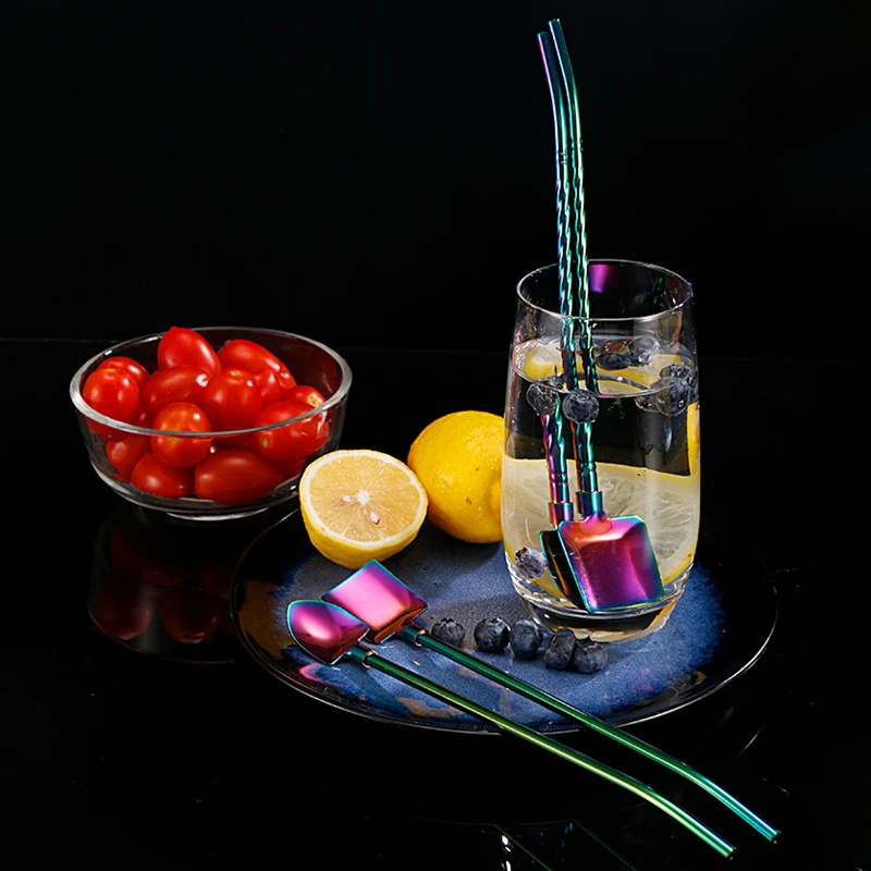 

Набор из 5 соломенных ложек и чистящих кистей из нержавеющей стали, соломенная ложка с лопаточной головкой, дизайн для мороженого, кофе, чая, ...