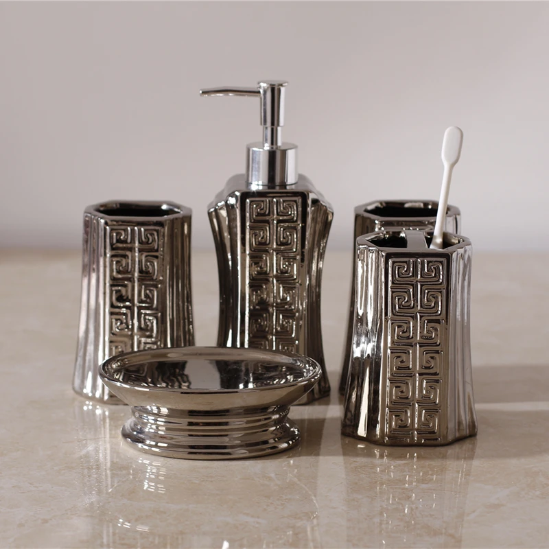 Silver Bathroom Sets Ceranuc Toothbrush Holder Lotion Dispenser Mouthcups Soap Dish Washroom Kit Toilet Accessories Set