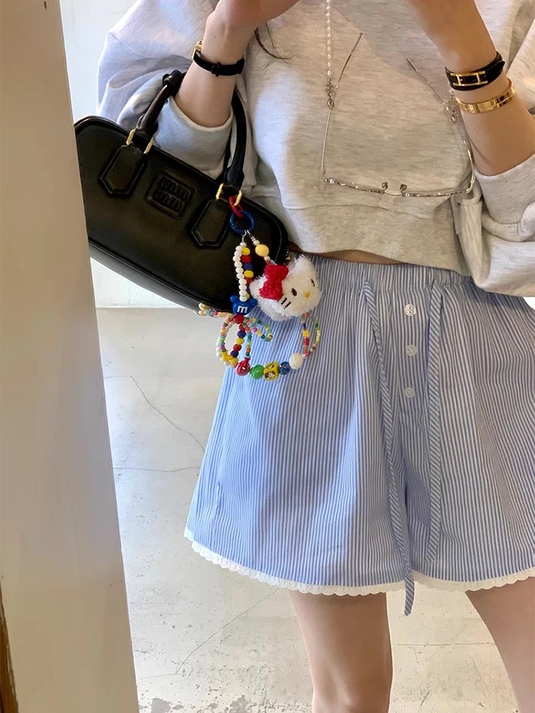 Летние шорты Korobov из Южной Кореи винтажные со шнуровкой и высокой талией широкими