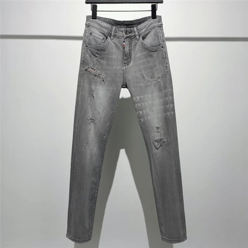 

Джинсы THOM мужские тонкие, модные брендовые брюки-карандаш, повседневные Мягкие Стрейчевые брюки из денима, рваные джинсы с заплатками, серого цвета, весна-лето