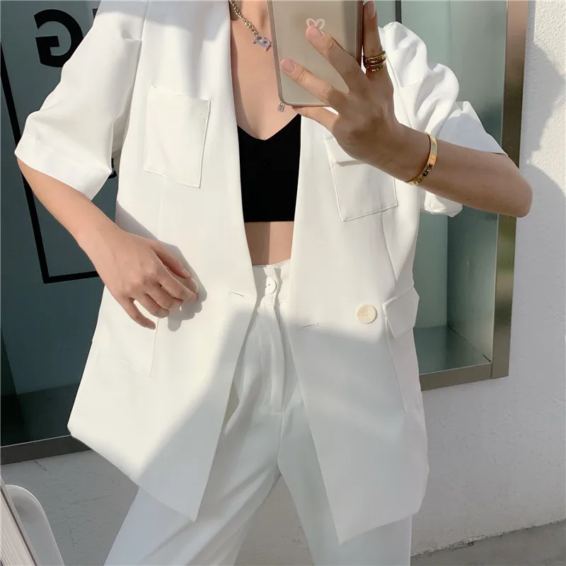 Elegant Blue V-neck Puff Sleeve Blazer Jacket Ladies Belt Summer Fashion Elegant Office Worker Lady White Short Sleeve Clothing