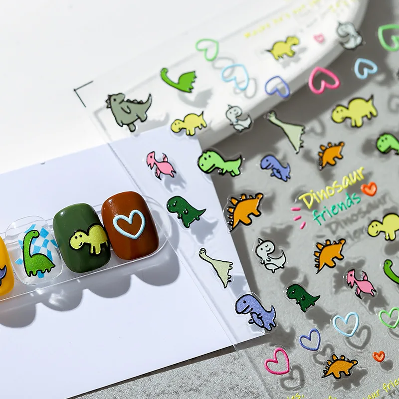 

Cute Dinosaur Friends 5D Embossed Deco Decals for Nails Cartoon Adhesive Nail Art Decoration Stickers for Kids Manicure Supplies