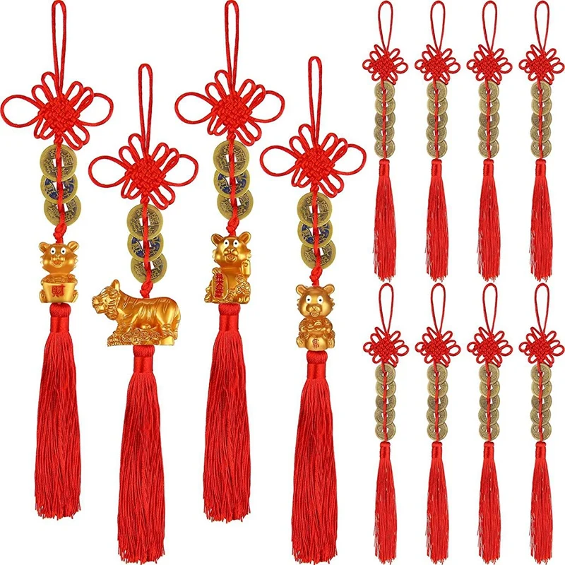 12 штук китайских узлов с бахромой, подвесной кулон с символом Тигра на монетах Фэн Шуй для декорирования дома и офиса в 2022 году.