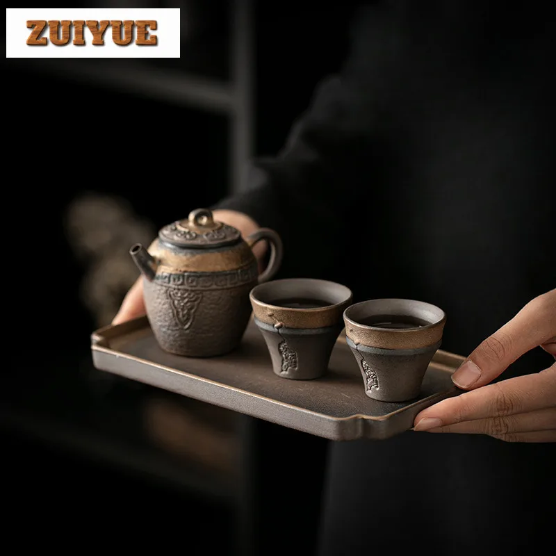 Грубый керамический чайник набор чайных сервизов ручной работы с тарелкой