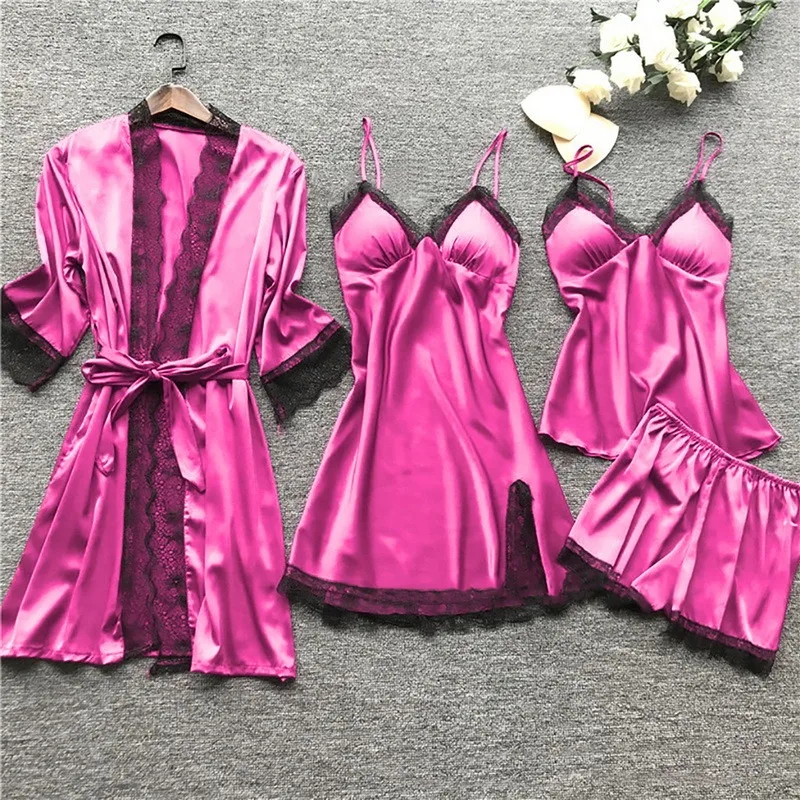 2023 Women Pajamas Sets Satin Sleepwear Silk 4 Pieces Nightwear Pyjama Strap Lace Sleep Lounge Pajama With Chest Pads Drop