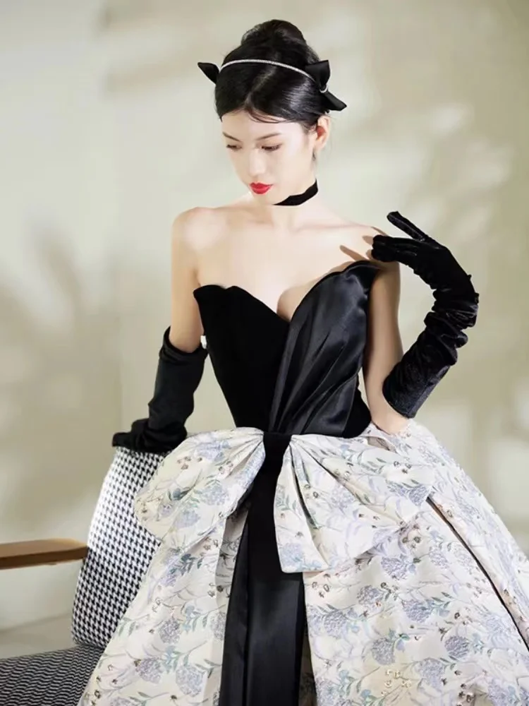 

Elegant Hepburn Style Tube Top Prom Dresses Sweetheart Sleeveless Slim A Line Floor-Length Wedding High Quality Bow Evening Gown