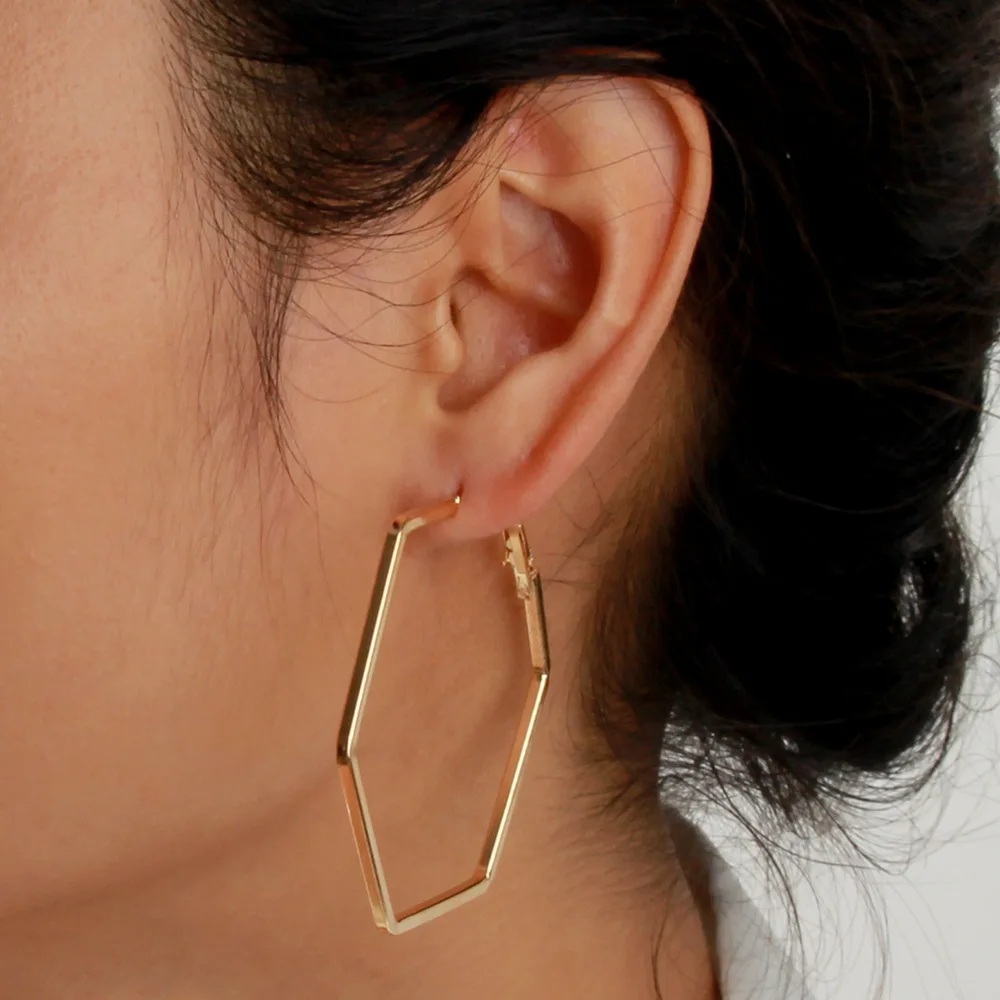 

3 Colors Punk Style Geometric Hexagon Hoop Earrings For Women Statement Jewelry Fashion Metal Alloy Rose Gold Ear Brincos