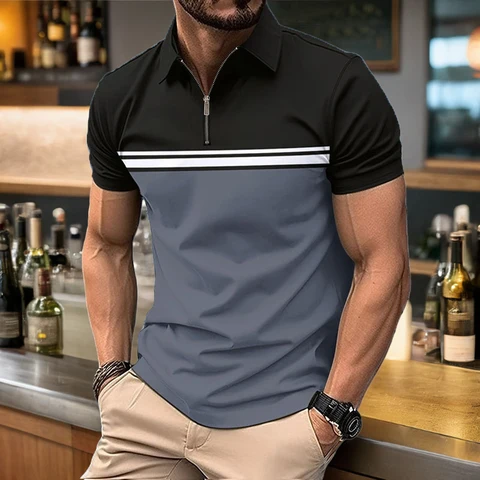 Мужская рубашка-поло на молнии, облегающая футболка с короткими рукавами, многофункциональная деловая Повседневная футболка с лацканами, Мужская одежда, 2024