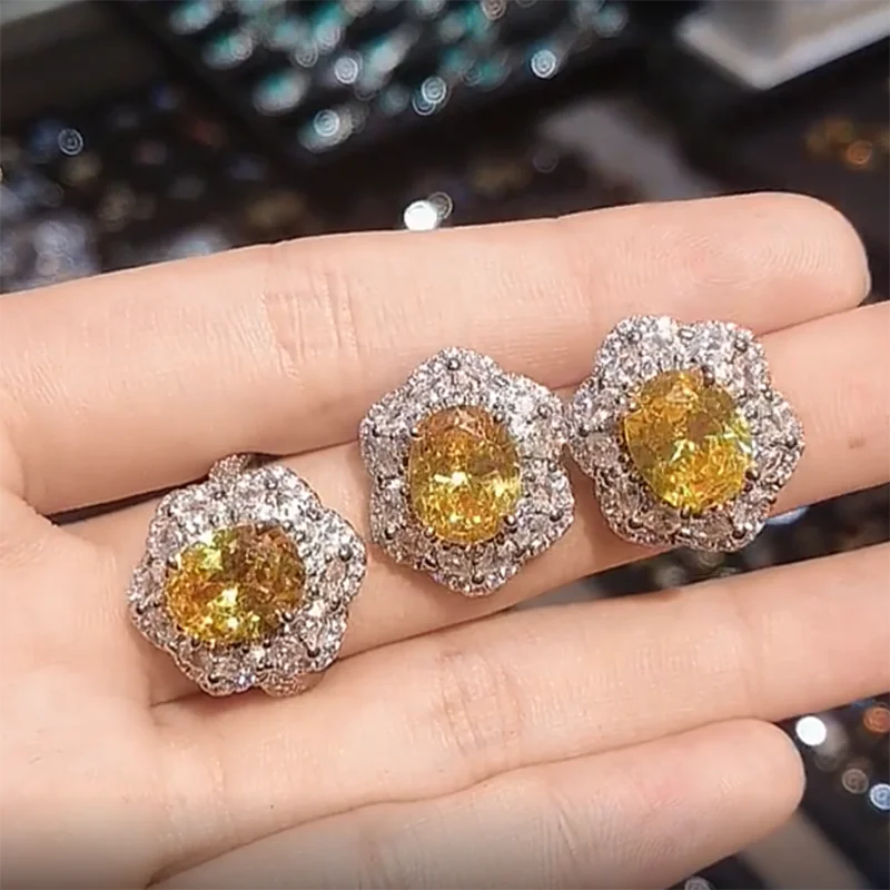 

Luxury Romantic Stud Earrings Rings Set For Women Yellow Crystal Zircon Silver Color Fine Jewelry Sets Accessories Drop Shipping