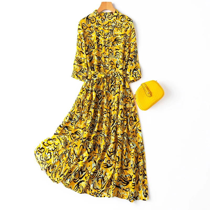 

Yellow Print Natural Silk Bohemian Women Dresses Summer 2022 Mid-Calf Sashes A-LINE O-Neck Three Quarter Sleeve