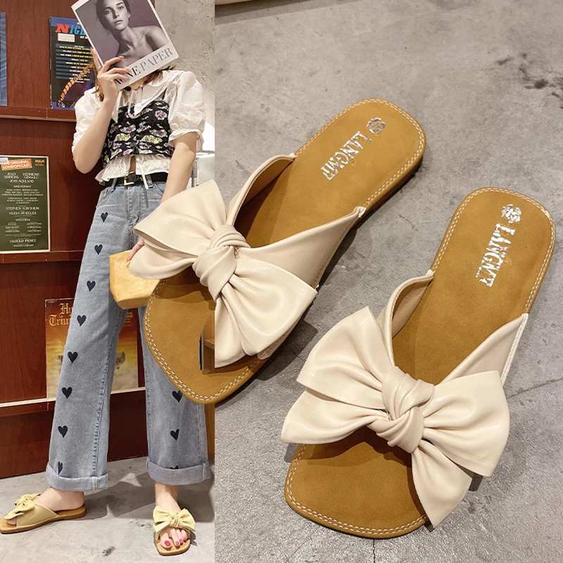 

Шлепанцы женские с бантом-бабочкой, шикарные сланцы, пляжная обувь, мягкий дизайнерский Sabot, резиновая плоская подошва, базовые, лето 2022