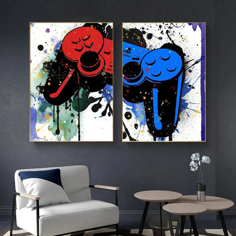 

Abstract Graffiti Game Console Canvas Paintings with Frame Blue Red Handheld Gamepad Art Picture Print Wall Posters for Bedroom