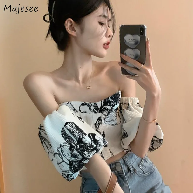 

Flowers Crop Tops Blouses Women Slim Casual Summer Thin Slash Neck Elegant Aesthetic Classic Sexy All-match Ropa Mujer Fashion