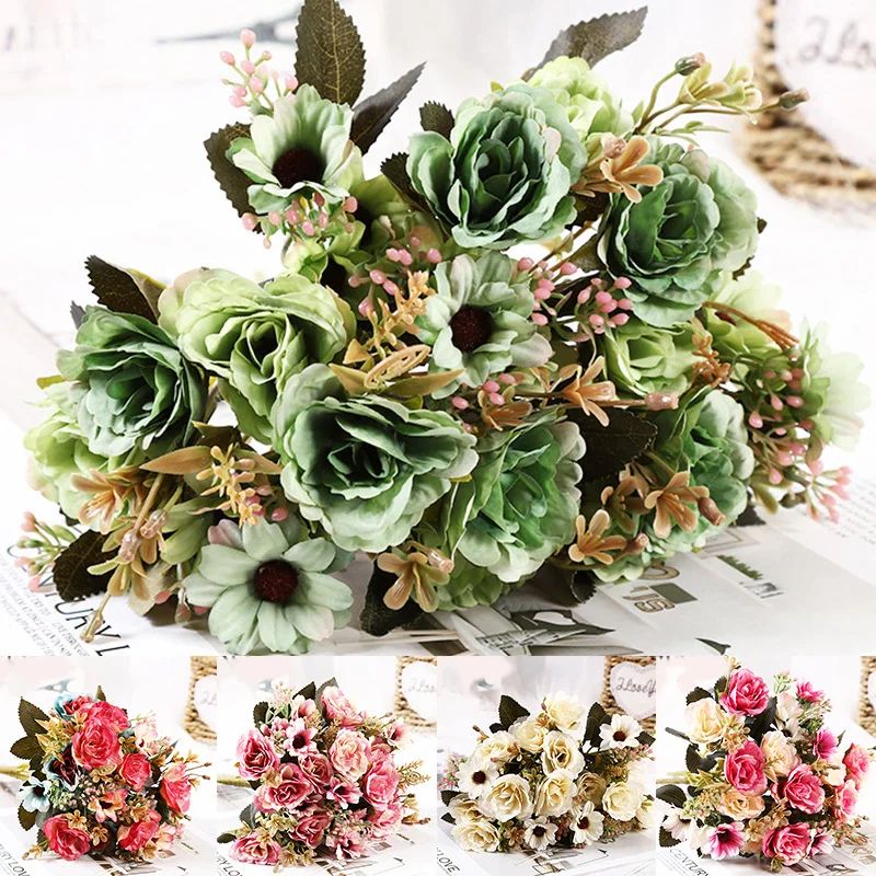 

Fake Flowers Plastic Fake Rose Small Bunch Bouquet Artificial Plants Party Home Decor DIY Beautiful Christmas Wedding Decoration