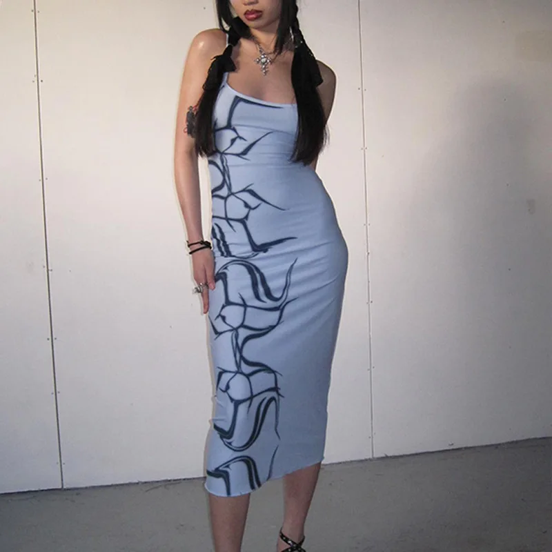

Y2k Printed Sexy Bodycon Dresses Gothic Punk Sling Slim Women Partwear Backless Fashion 2023 Summer Vintage Long Pencil Dress