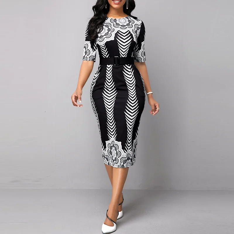 

Women Elegant OL Style Half Sleeve O-Neck Belted Tribal Print Dress Elegant bodycon High Waist Formal Pencil Midi Dress