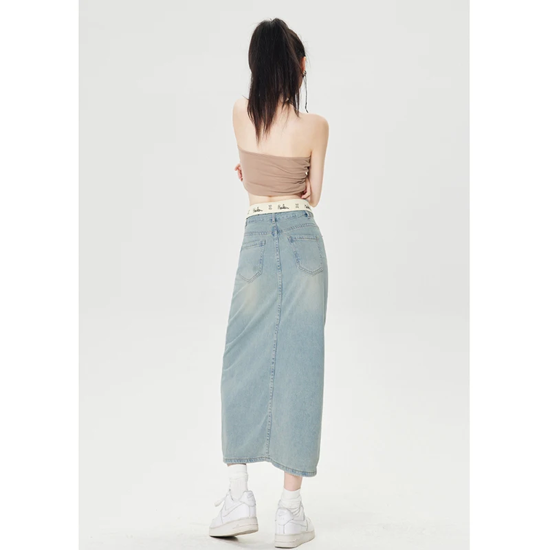 Real time photo of denim skirt for women in summer nostalgic blue commuting retro ruffled embroidery letters high waisted slim