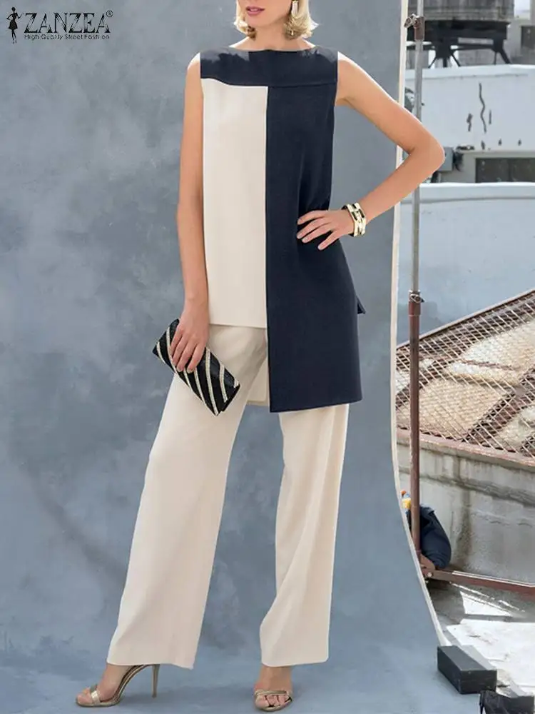 

Комплект ZANZEA женский из 2 предметов, модные рабочие длинные брюки с карманами, ассиметричный Топ контрастных цветов, блузка без рукавов
