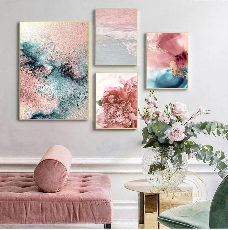 

Abstract Blue Pink Graffiti Canvas Painting Modern Plant Flower Leaf Pictures Nordic Botanical Poster Home Decor Living Room