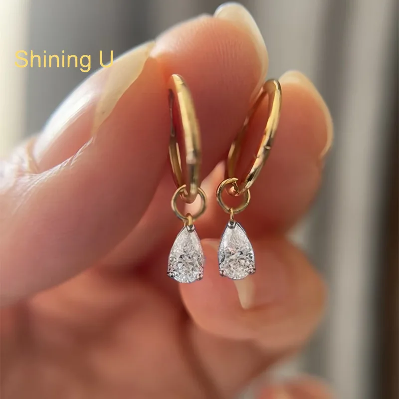 Фото Серьги-подвески Shining U из позолоченного серебра 925 пробы, 5*7 мм, грушевидной огранки, для женщин, ювелирные изделия, оптовая продажа для свадеб. №1