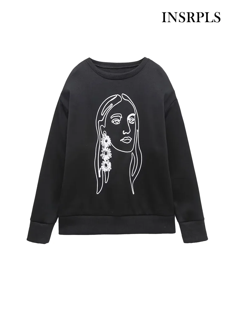 

INSRPLS Women Fashion Character Embroidery Loose Fleece Sweatshirts Vintage O Neck Long Sleeve Female Pullovers Chic Tops