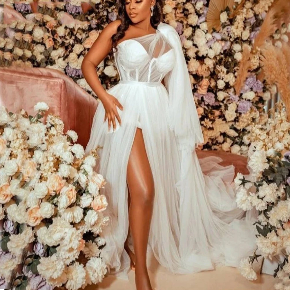 

One Shoulder Long Sleeve Tulle Bridal Dresses Women's Sexy Side High Split Wedding Gowns Off Shoulder Princess Formal Beach Part