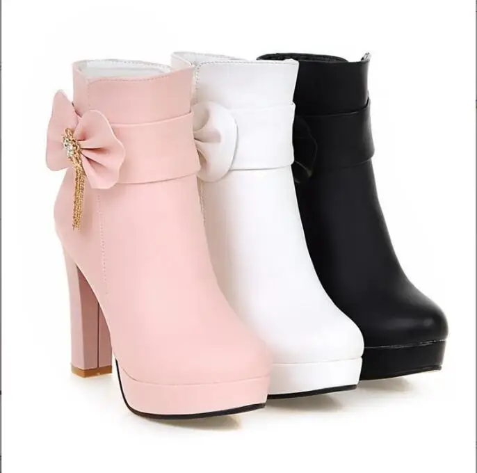

New Fashion Soft Leather Women Ankle Boots High Heels bowknot Zipper Shoes Warm Wool Winter Boots for Women Shoes bowknot Boots