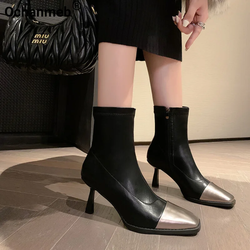 

Ochanmeb Women Stretch Microfiber Leather Zipper Short Boots Thin High Heel Square Toe Ankle Boots Mixed Color Lady Shoes Autumn