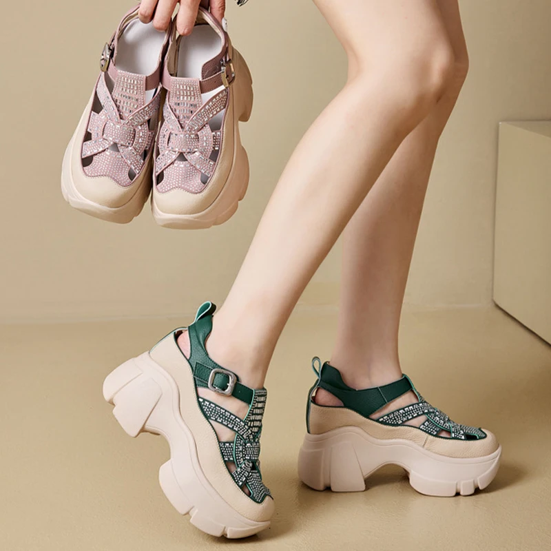 8.5cm Chunky Sneakers Genuine Leather Slide Summer Ankle Rhinestones Hollow Women Platform Sandals Wedge Breathable Female Shoes