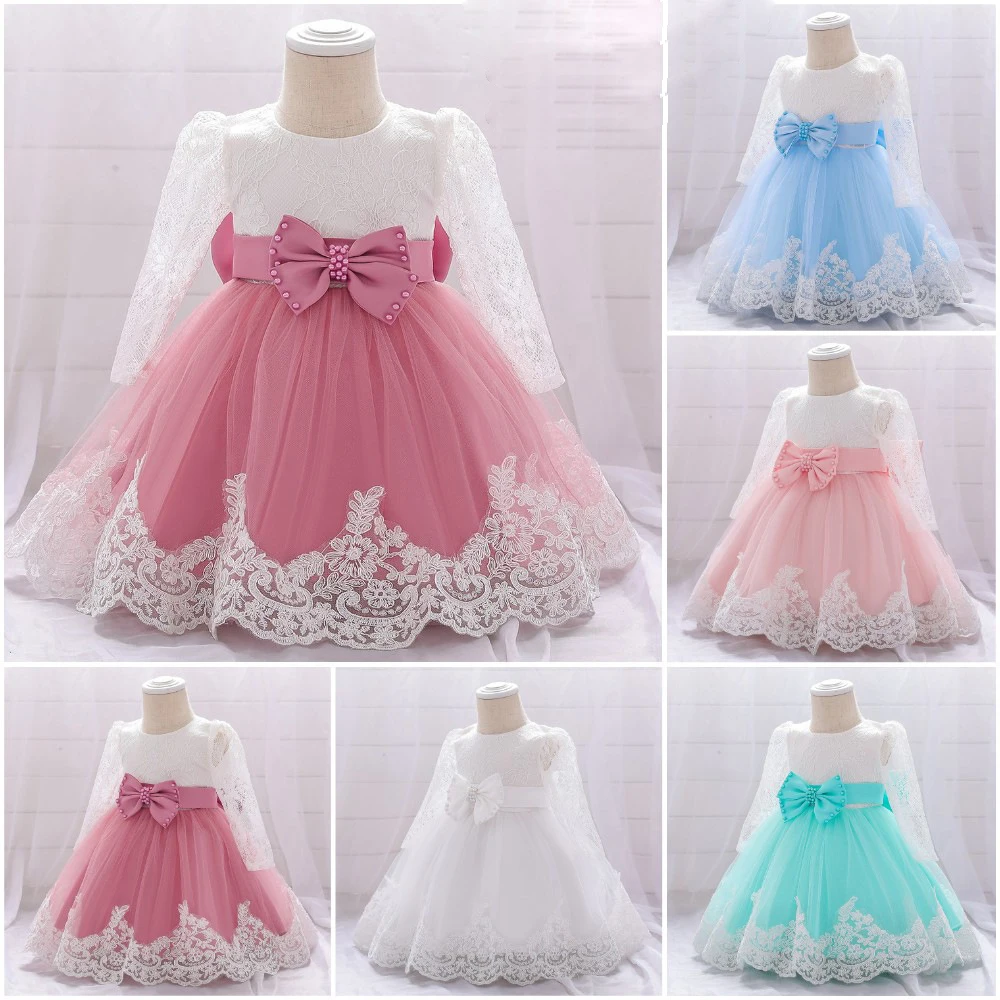 

5 Colors Infant Baby Girl\u2019s Dress Long-sleeved Hollow Lace Mesh Big Bow Ankle Length Tutu Party Princess Dress