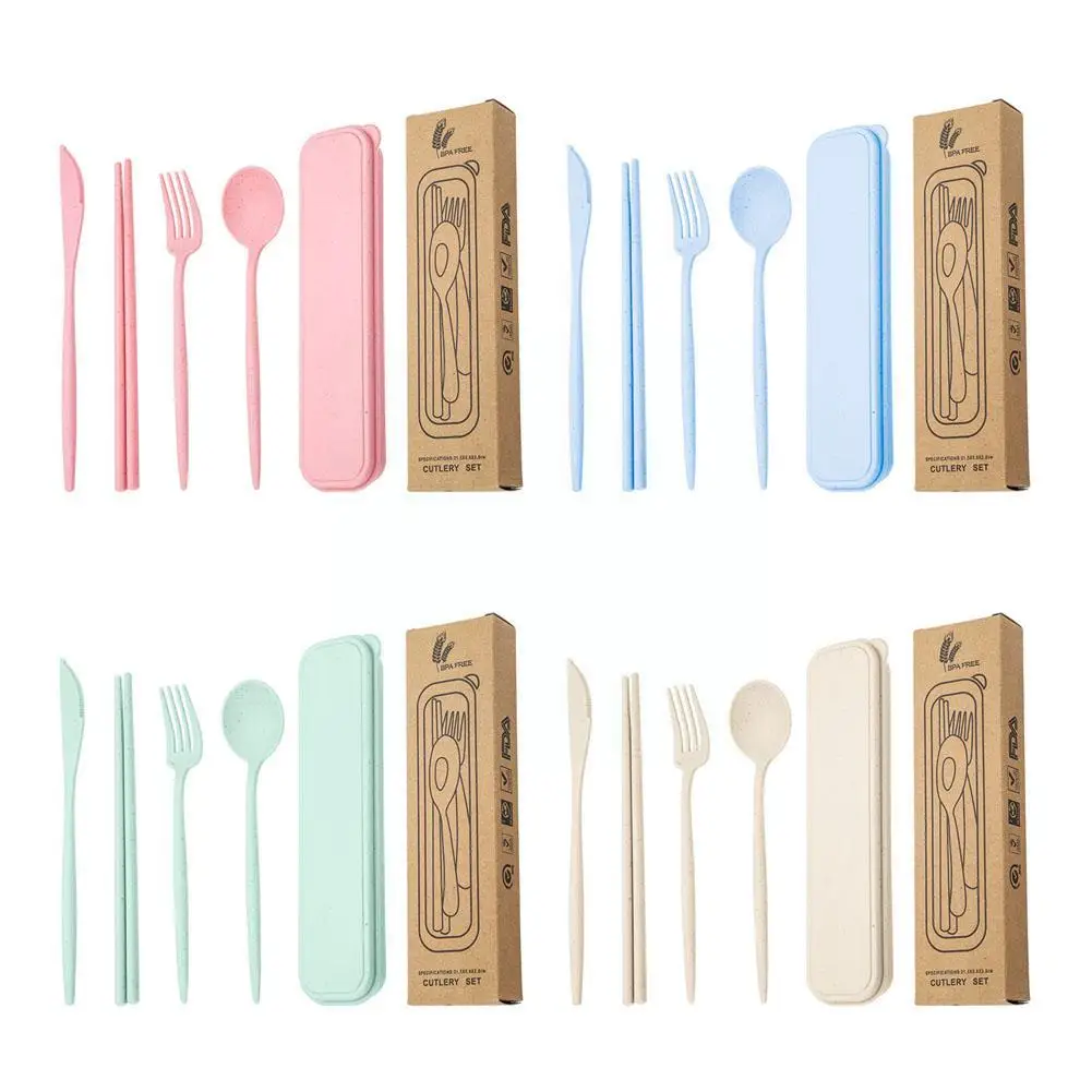 

4PCS/Set Wheat Straw Spoon Cutlery Fork Chopsticks Students Portable Travel Tableware Accessories With Kitchen Dinnerware