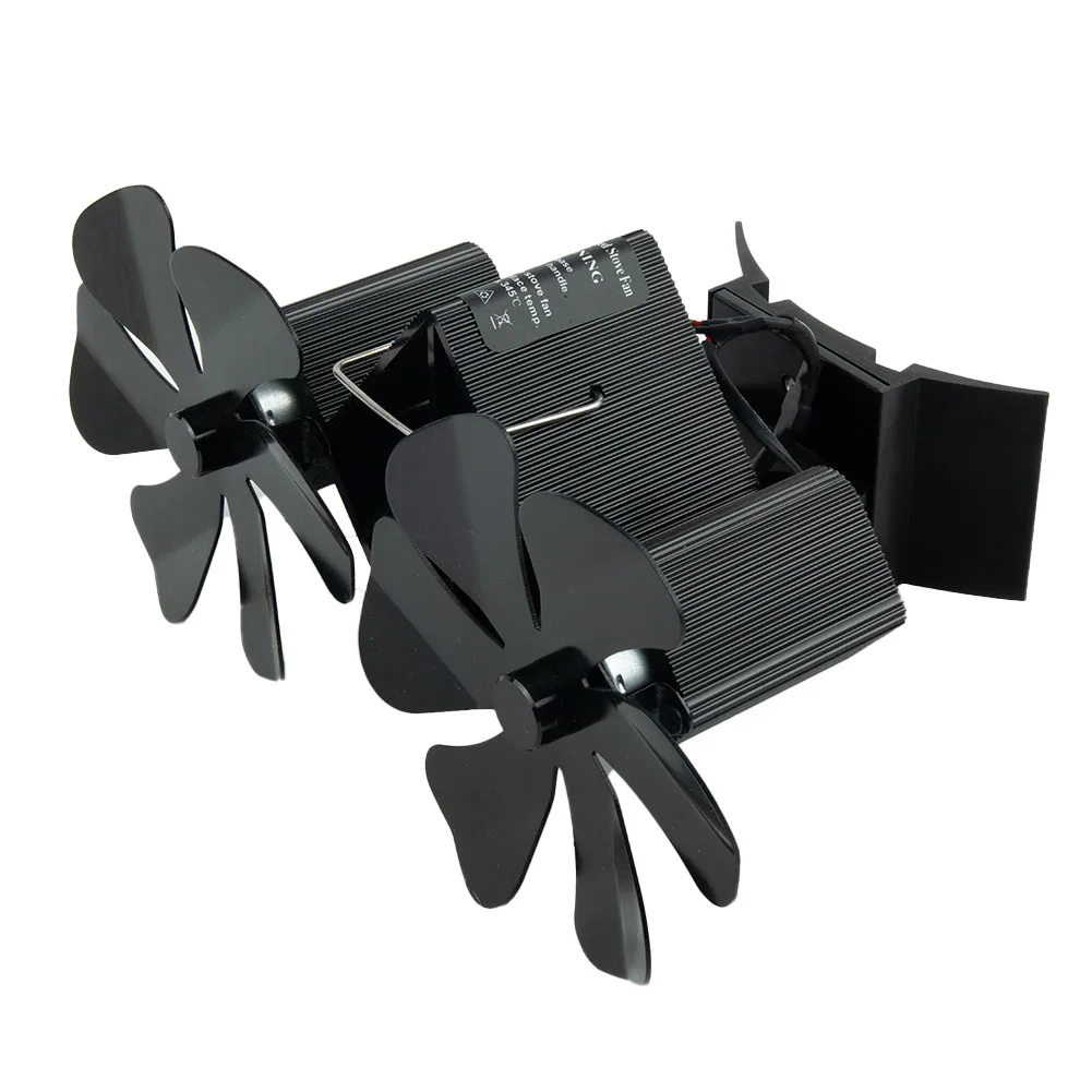 

12 Blade Black Fireplace Fan Double Head Wall-Mounted Heat Powered Stove Fan Household High-efficiency Heat Silent Furnace Fan