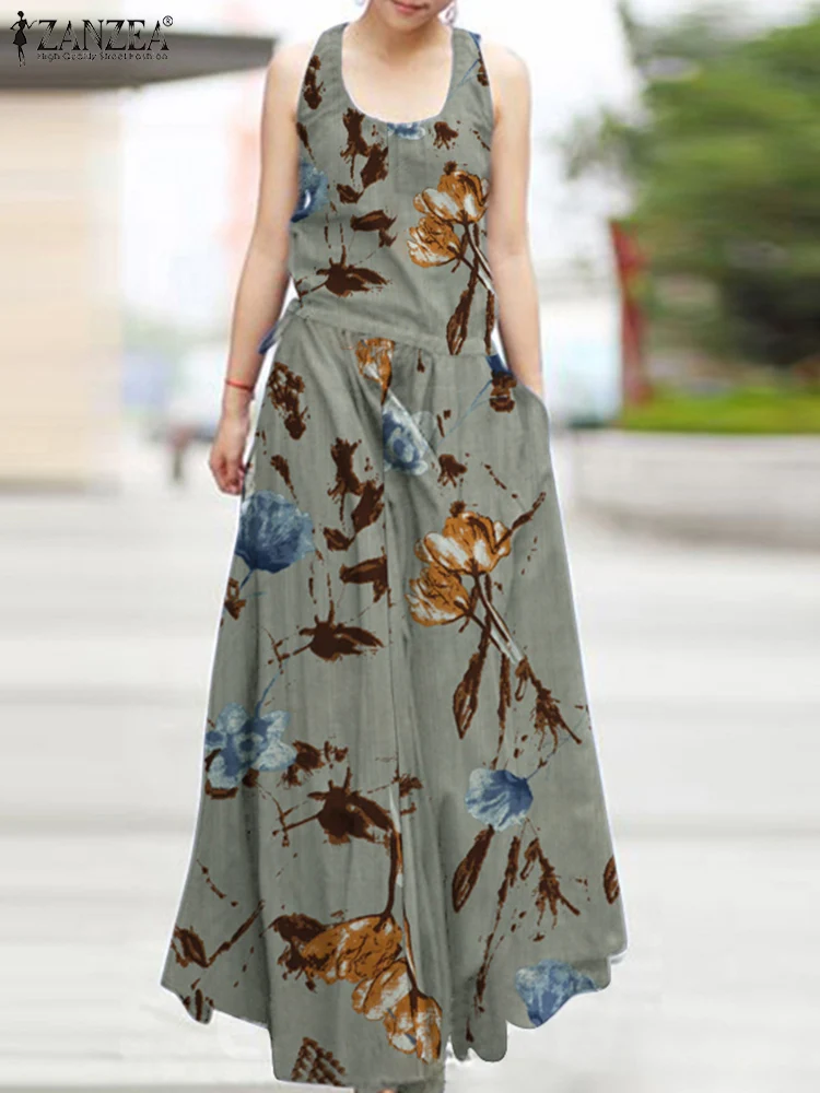 

ZANZEA Women Summer Vintage Dress O-Neck Sleeveless Long Floral Printed Maxi Sundress Bohemian Holiday Elegant Beach Party Robe