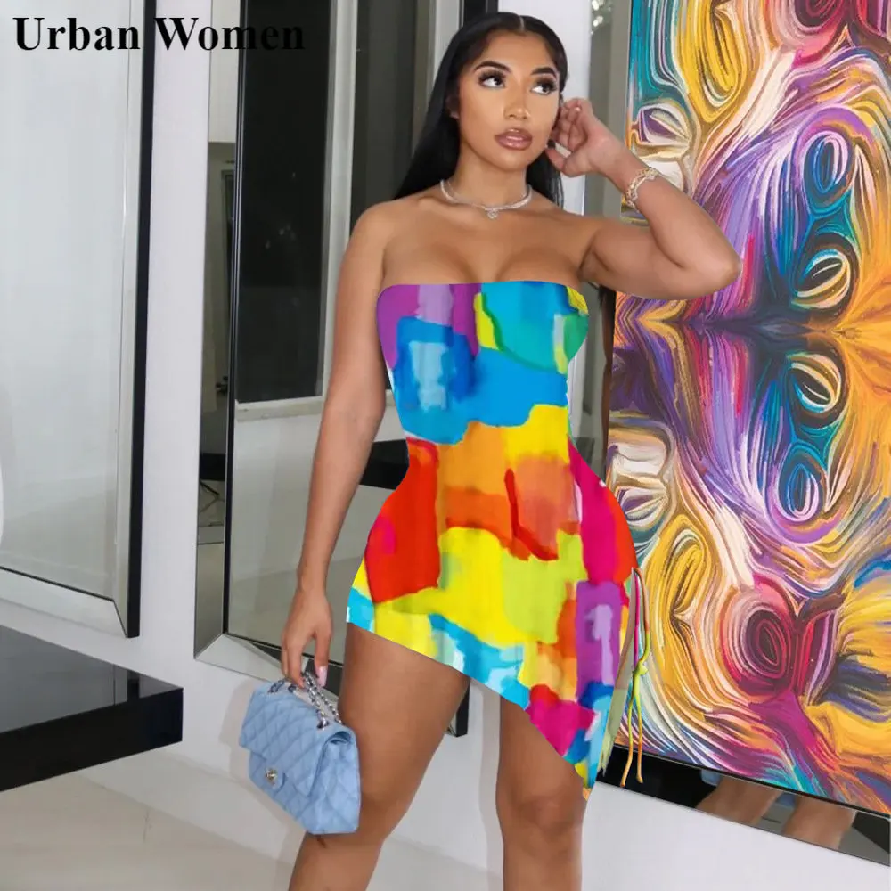 

Summer Sexy Nightclub Style Strapless Mini Dress Women Fashion Print Strapless Slim Lace Up Irregular Dress Women