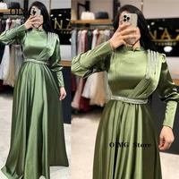 OIMG Green Satin High Neck Arabic Women Evening Dresses Modest Long Sleeves Stones Floor Length Formal Party Prom Dress
