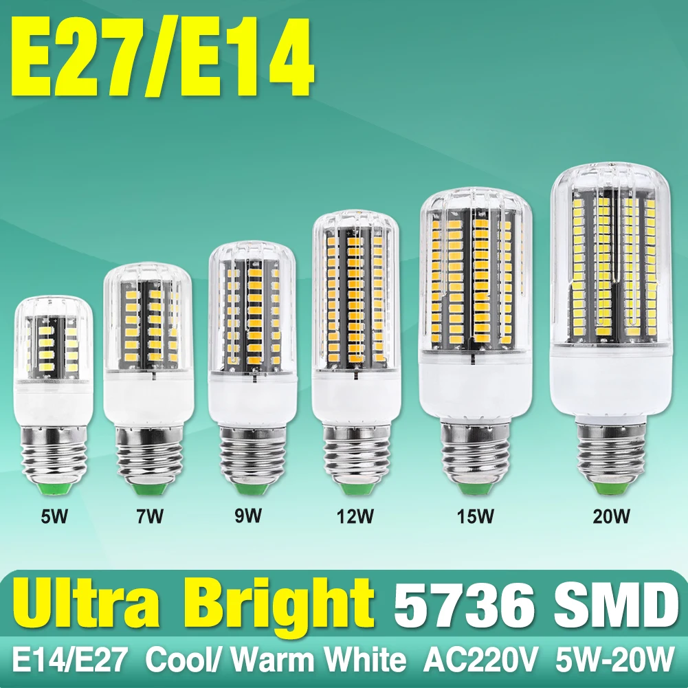 

E14 E27 Base Bulbs 5W/7W/9W/12W/15W/20W LED Corn Bulb Lamps 31/58/74/105/140/170 LEDs 5736 SMD Corn Light Bulb Bright Lamp Light