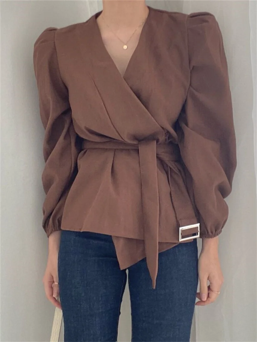 

HziriP Close Waist Shirts V-Neck Elegant Women Hot Sale Autumn Chic Work Wear Vintage Slim All Match High Street Mujer Tops