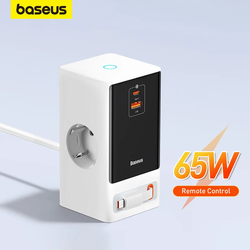 Baseus 65W Fast GaN Charger Digital Power Strip Touch Control 3AC Sockets APP Remote Control Retractable Cable Quick Charging