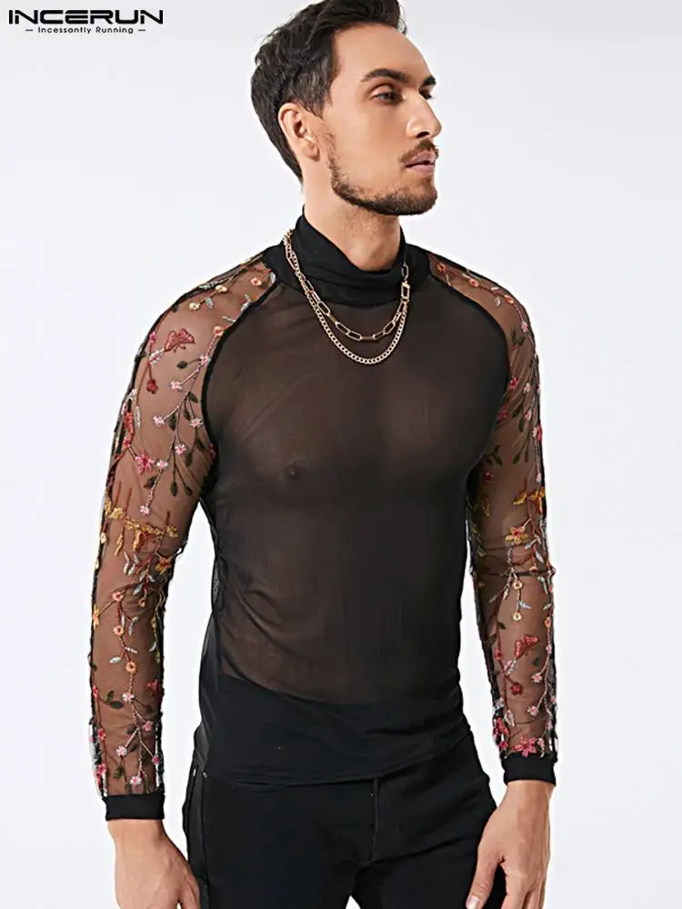INCERUN New Men's Fashionable Turtle Neck Tees Breathable Mesh T-Shirts Sexy Leisure Party Nightclub Casual Streetwear Tops 2022