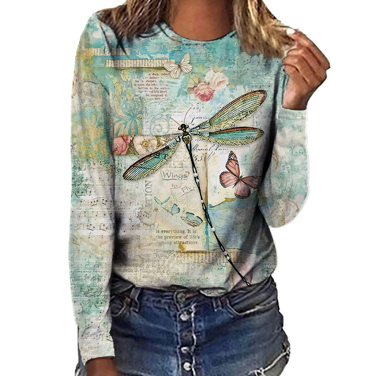 

Animal Dragonfly Letter Print T Shirt Women Chothes Autumn Long Sleeve Fashion Tops Casual Streetwear Ladies Shirt Plus Size 6XL