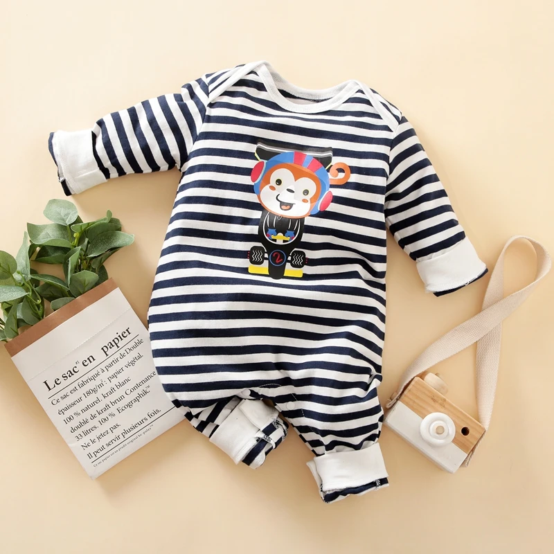 

Hibobi Baby Boy Monkey Pattern Stripes Long Sleeve Jumpsuit