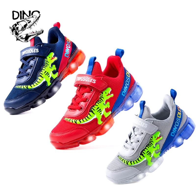 DINO T-REX LED 2-9Y Boys Spring New Children Shoes Mesh Casual Glowing Sneakers Kids Flashing Jelly Sole Light Up Sports Shoes