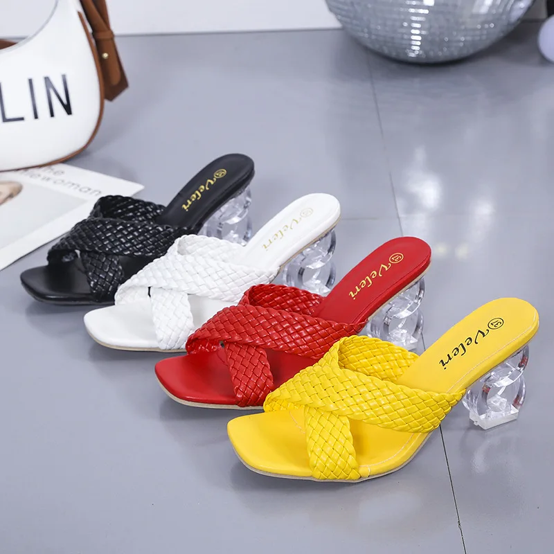 Transparent Strange High Heels Sandals Women Summer 2022 New Plus Size Weave Female Slippers Fashion Open Toe Slides Woman Shoes