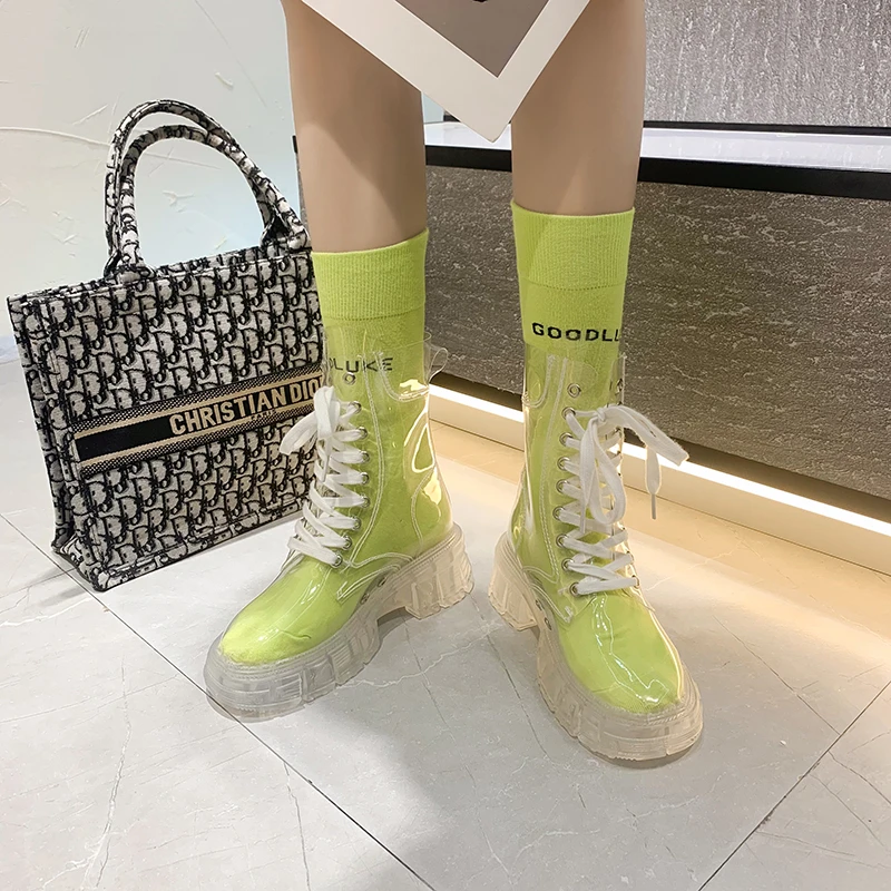 

BKQU Fashion Women Transparent Platform Boots Waterproof Ankle Boots Feminine Clear Thick Bottom Rainboots Sexy Female Shoes