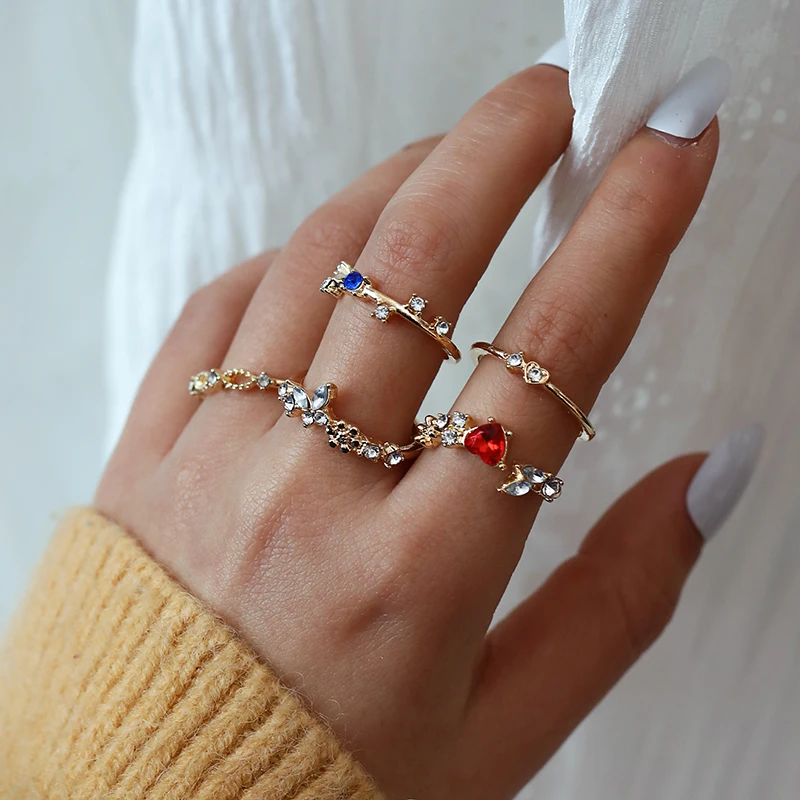 

Cute Romantic Dainty Women's Ring Gold Plate Tiny Red Zircon Heart Bule Round Gemstone Rings Set 2022 Wedding Party Girl Jewelry
