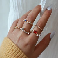 cute romantic dainty womens ring gold plate tiny red zircon heart bule round gemstone rings set 2022 wedding party girl jewelry